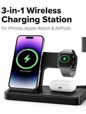 3-in-1 Wireless Charger Stand for iPhone 17/16/15/14, Apple Watch & AirPods